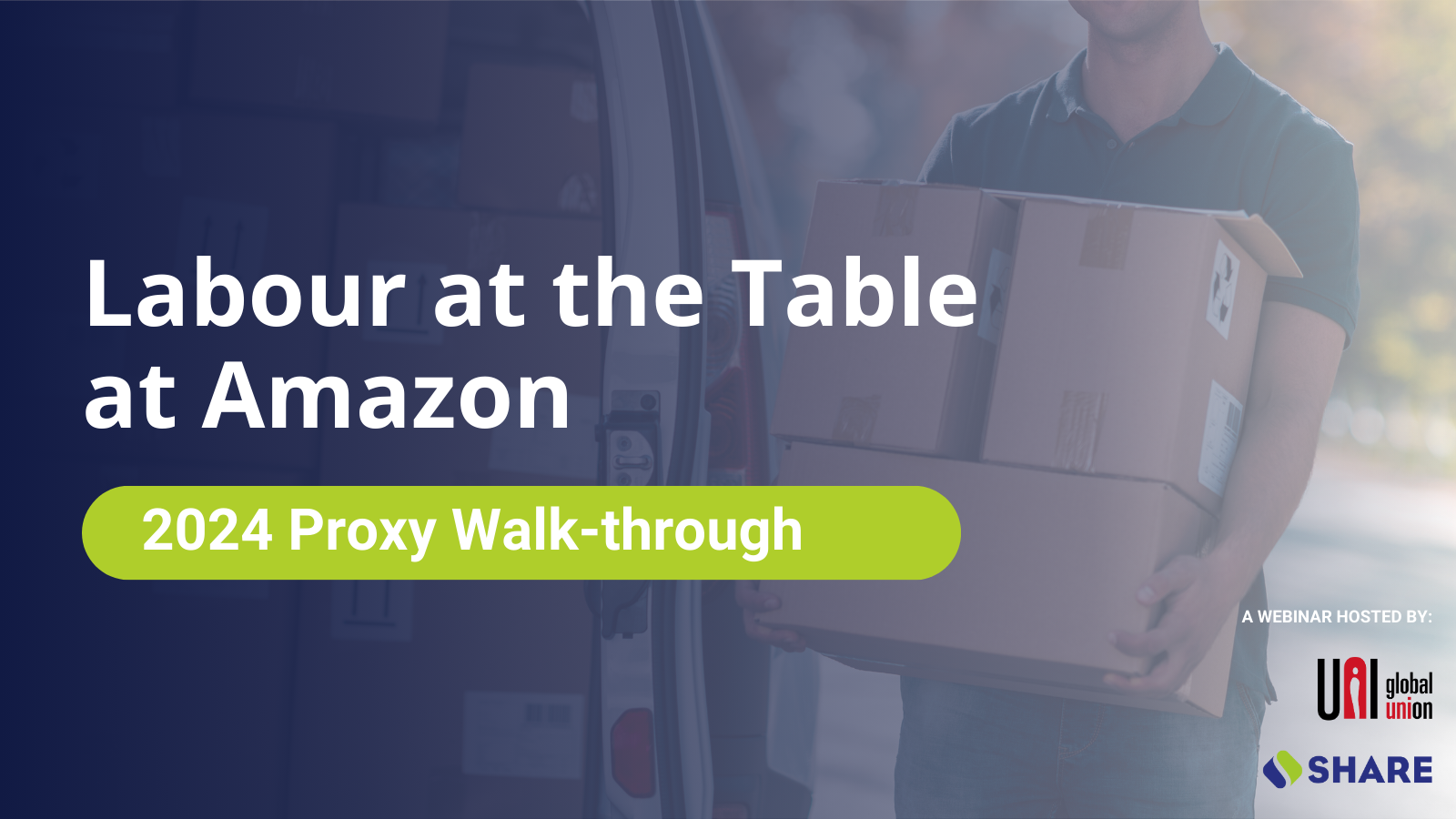 A graphic promoting the webinar "Labour at the Table at Amazon."